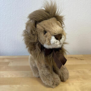 Vintage Plush Lion Stuffed Animal with Brown Ribbon Bow 9" A&A 1992